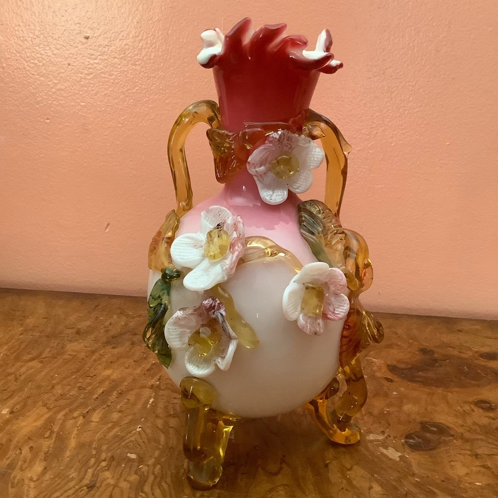 Victorian Style Art Glass  Overlay Decorated Vase 9 3/4”